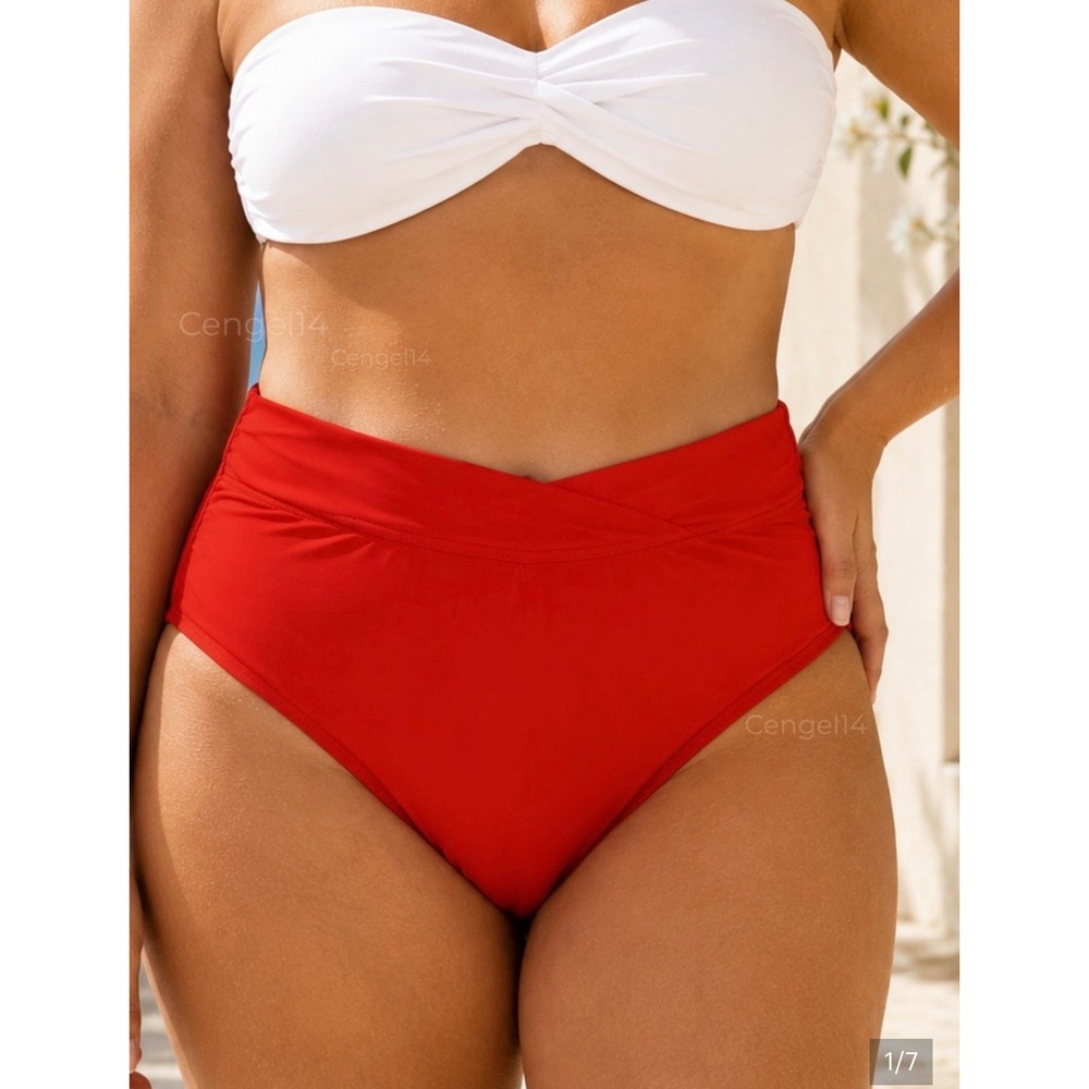 La‎ Blanca Cherry Red Cross Over High Waist Bikini Bottoms LB2IG99 NWT